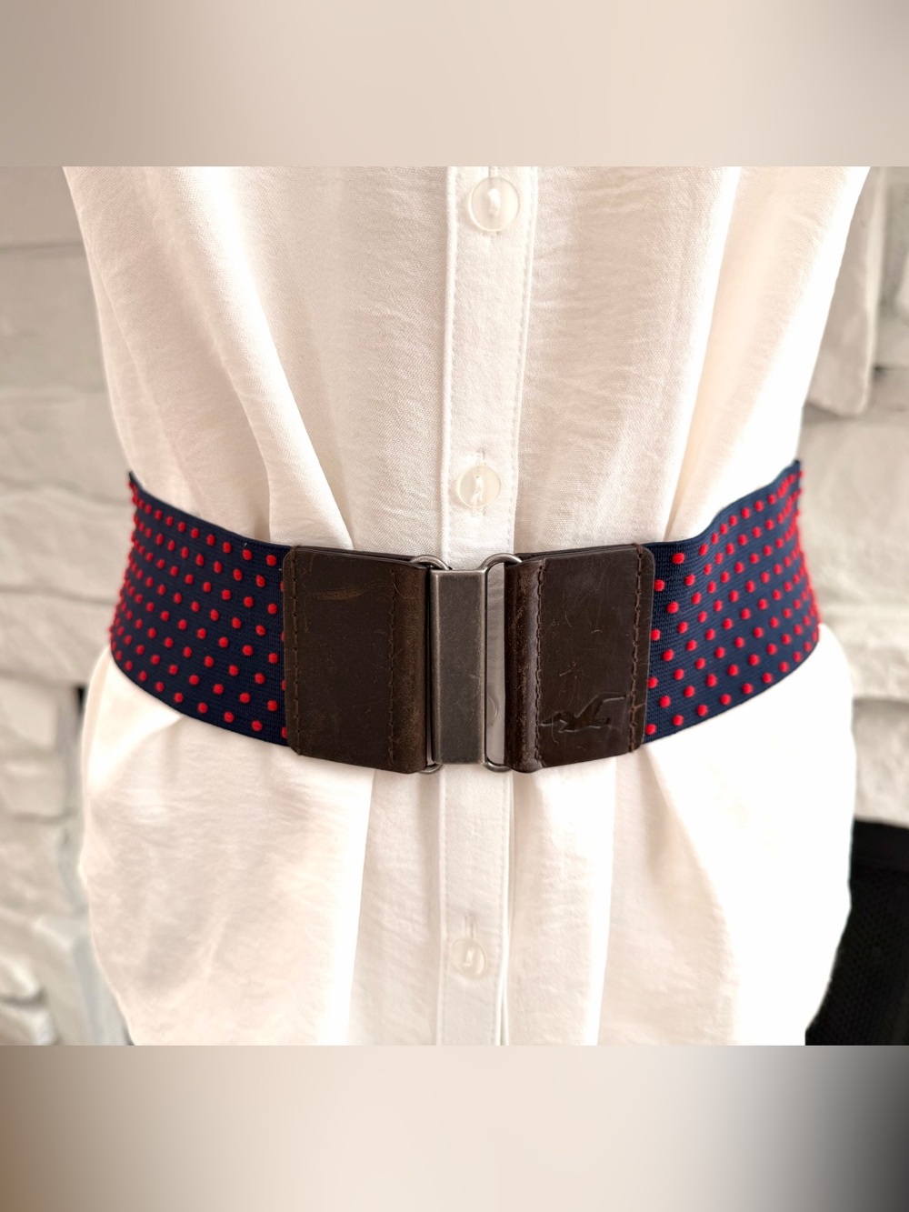 American Eagle Style Navy Red Polka Dot Stretch Belt Wide Hook Closure